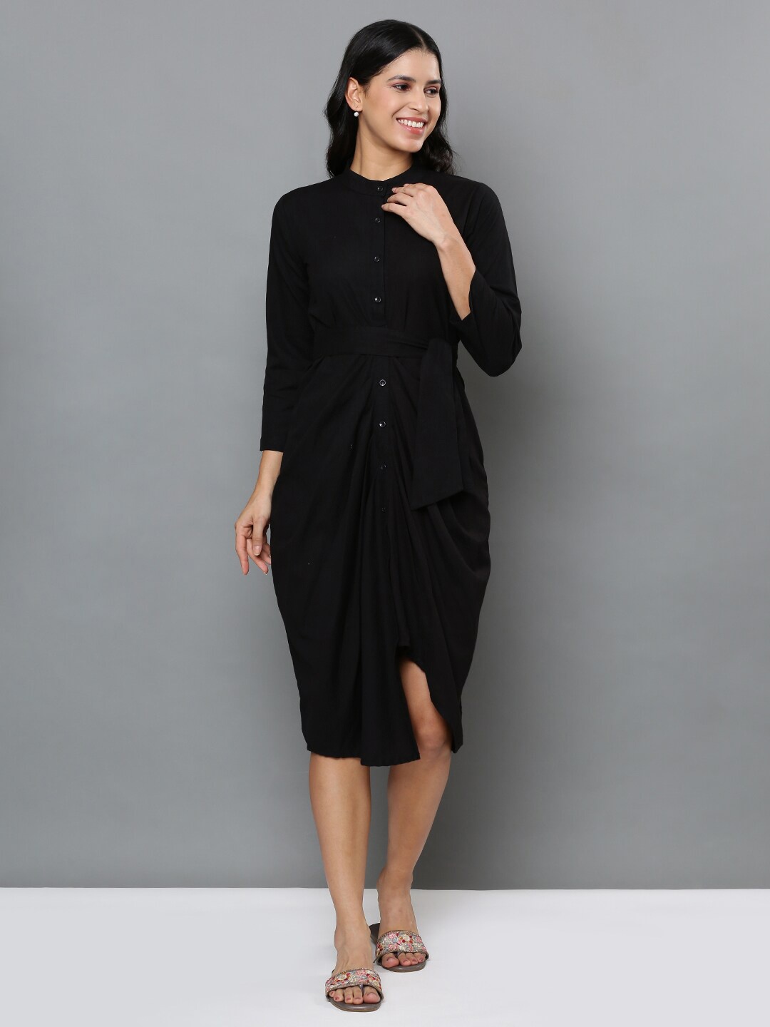 

Mast & Harbour Black Mandarin Collar Pure Cotton A-Line Midi Dress