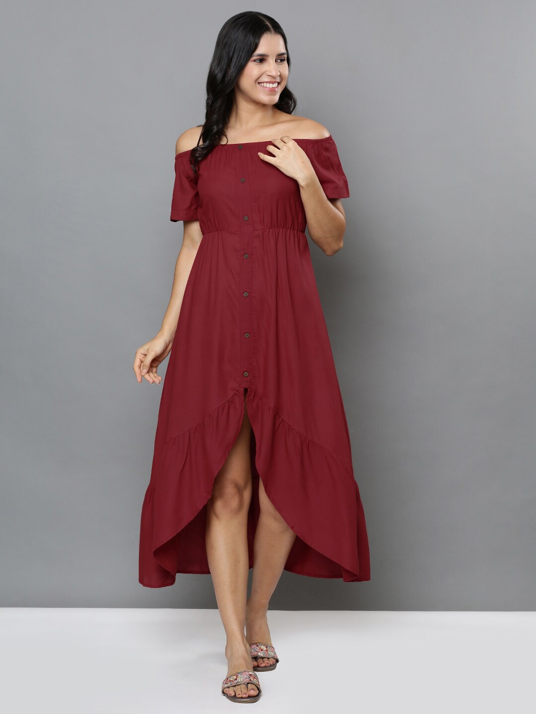 

Mast & Harbour Maroon Off-Shoulder Fit & Flare Midi Dress