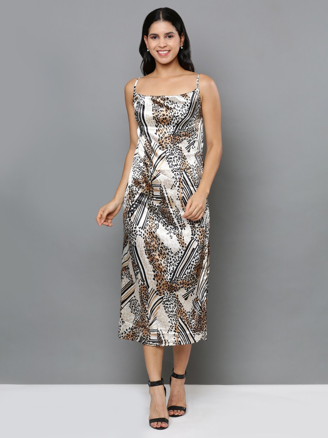 

Mast & Harbour Beige Abstract Printed Shoulder Straps Satin A-Line Midi Dress