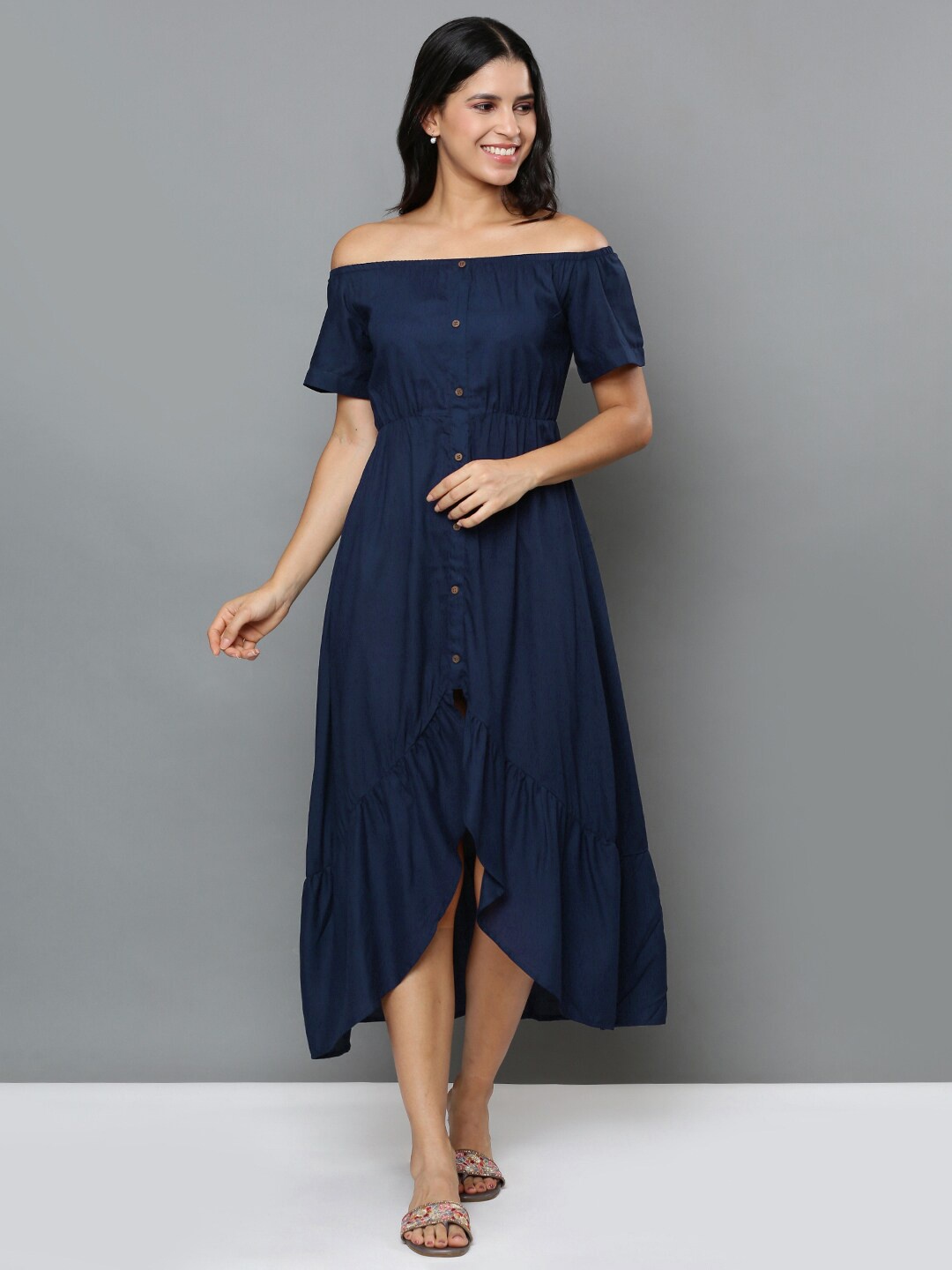 

Mast & Harbour Navy Blue Off Shoulder A-Line Midi Dress