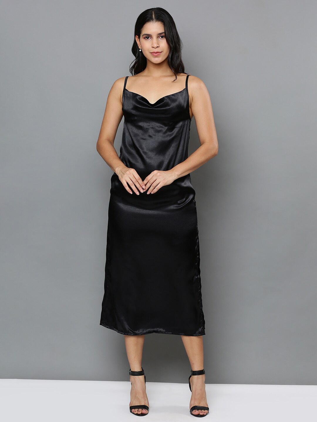 

Mast & Harbour Black Shoulder Straps Satin A-Line Midi Dress