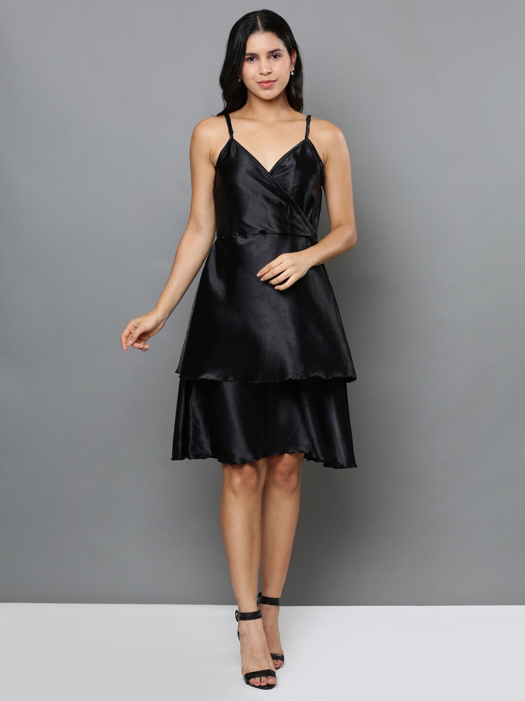 

Mast & Harbour Black Shoulder Straps Fit and Flare Satin Dress