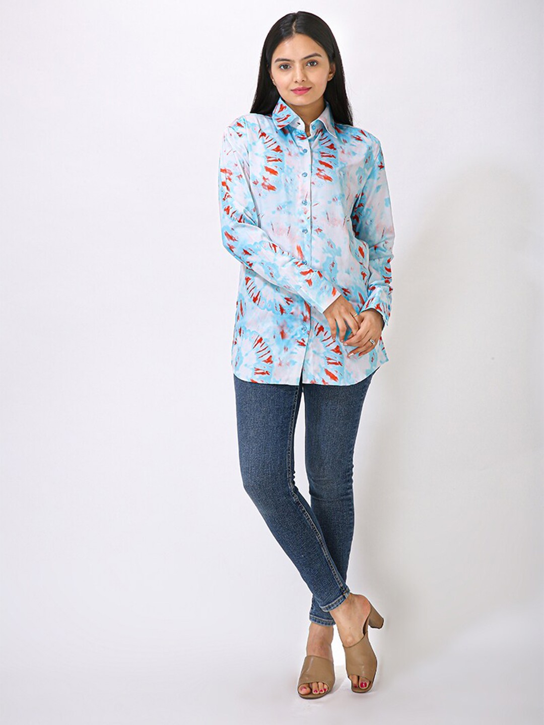 

MatterBlue Modern Tie & dye Spread Collar Long Sleeves Satin Shirt, Blue