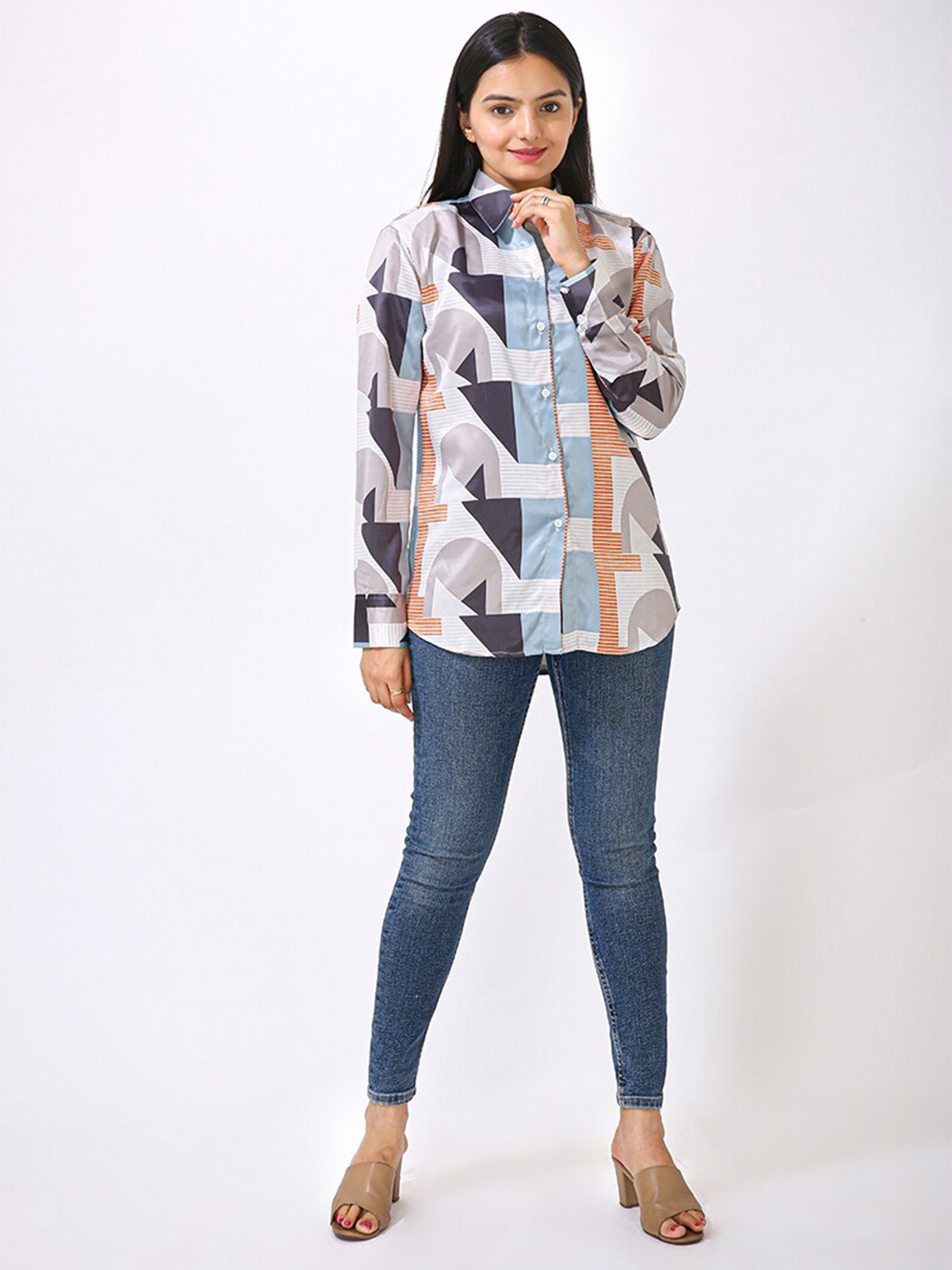 

MatterBlue Modern Geometric Printed Satin Casual Shirt, Blue
