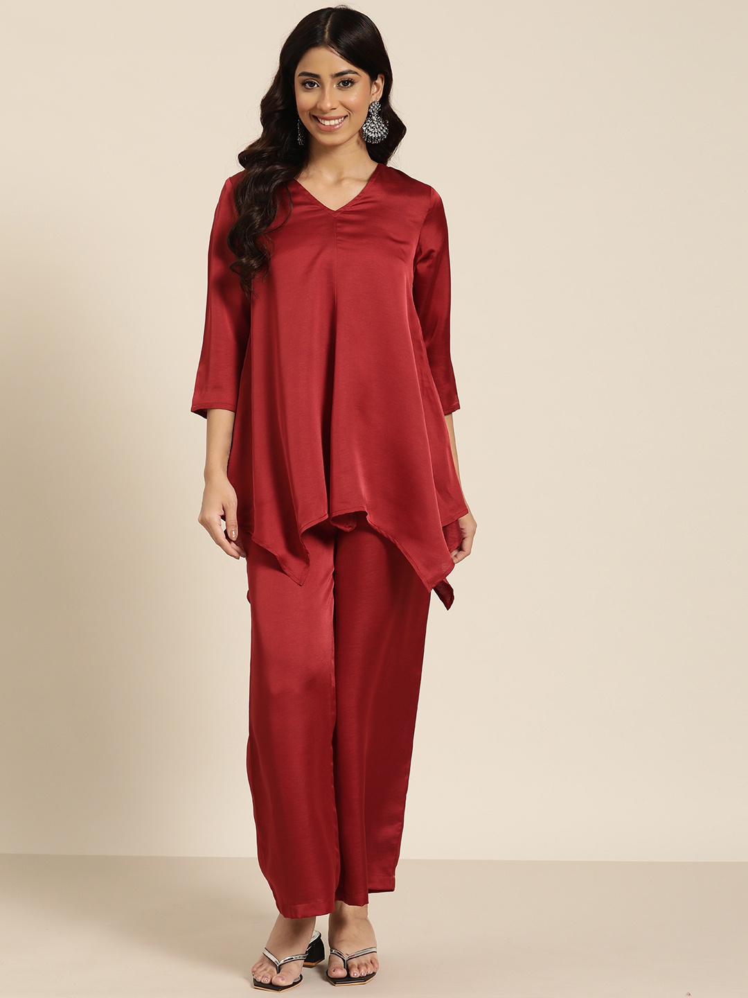 

HERE&NOW Women Solid Top & Palazzos Co-Ords Set, Maroon