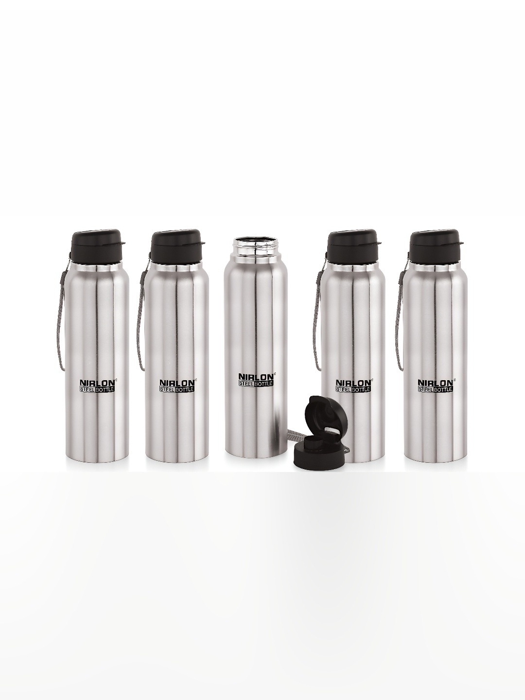 

NIRLON Silver-Toned & Black 5Pcs Stainless Steel Single Wall Vacuum Water Bottles 1l Each