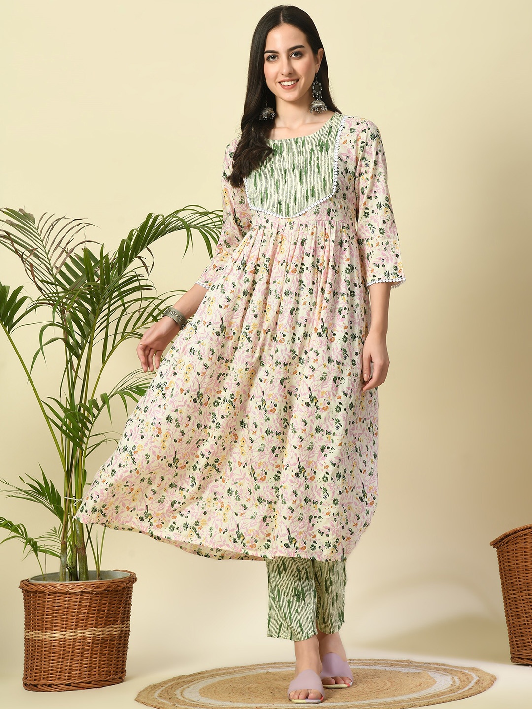 

JAYLEEN Floral Printed Gotta Patti A-Line Kurta with Trousers & Dupatta, Pink