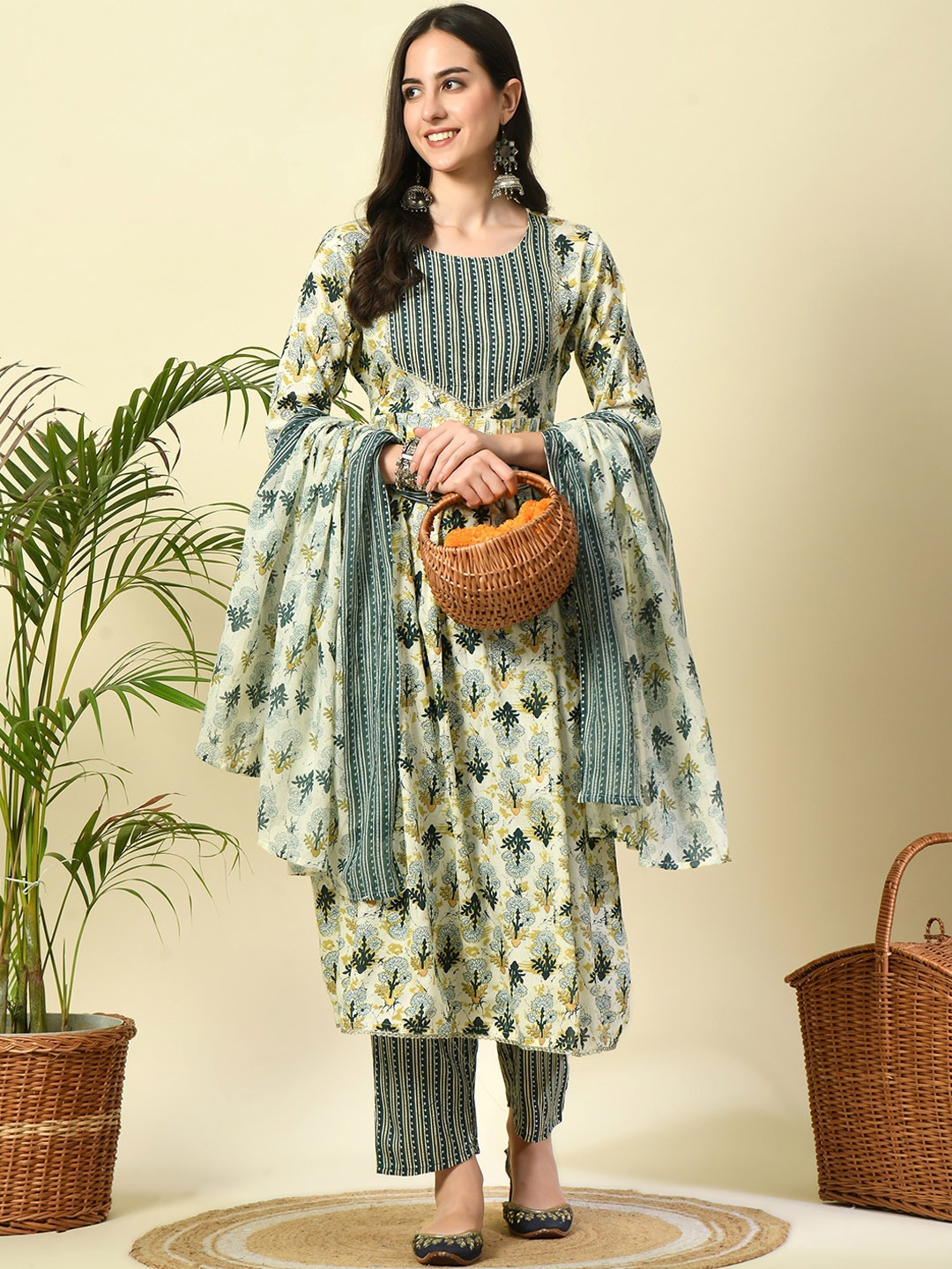 

JAYLEEN Floral Printed Gotta Patti A-Line Kurta with Trousers & Dupatta, Cream