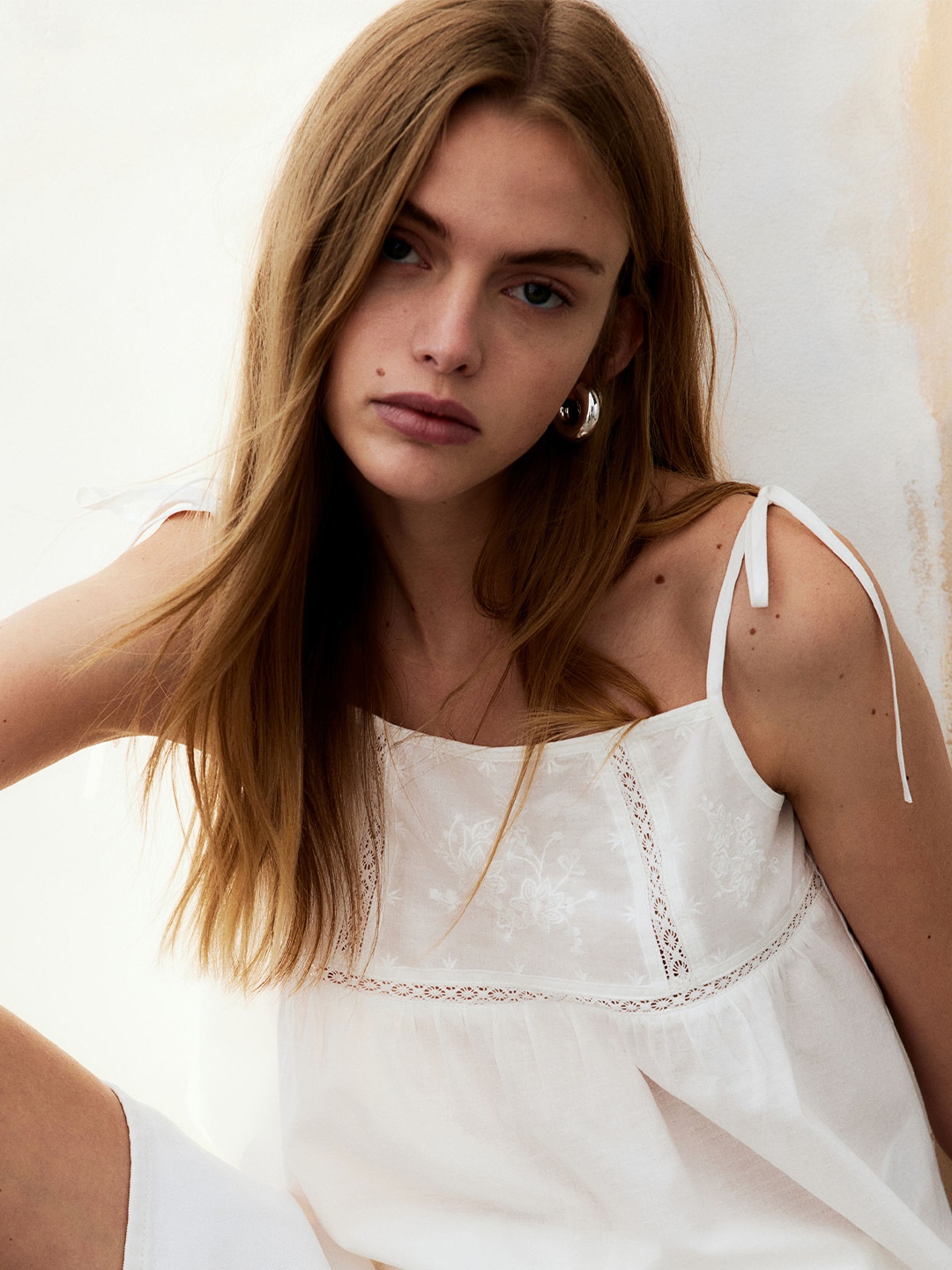 

H&M Pure Cotton Embroidered Tie-Strap Top, White