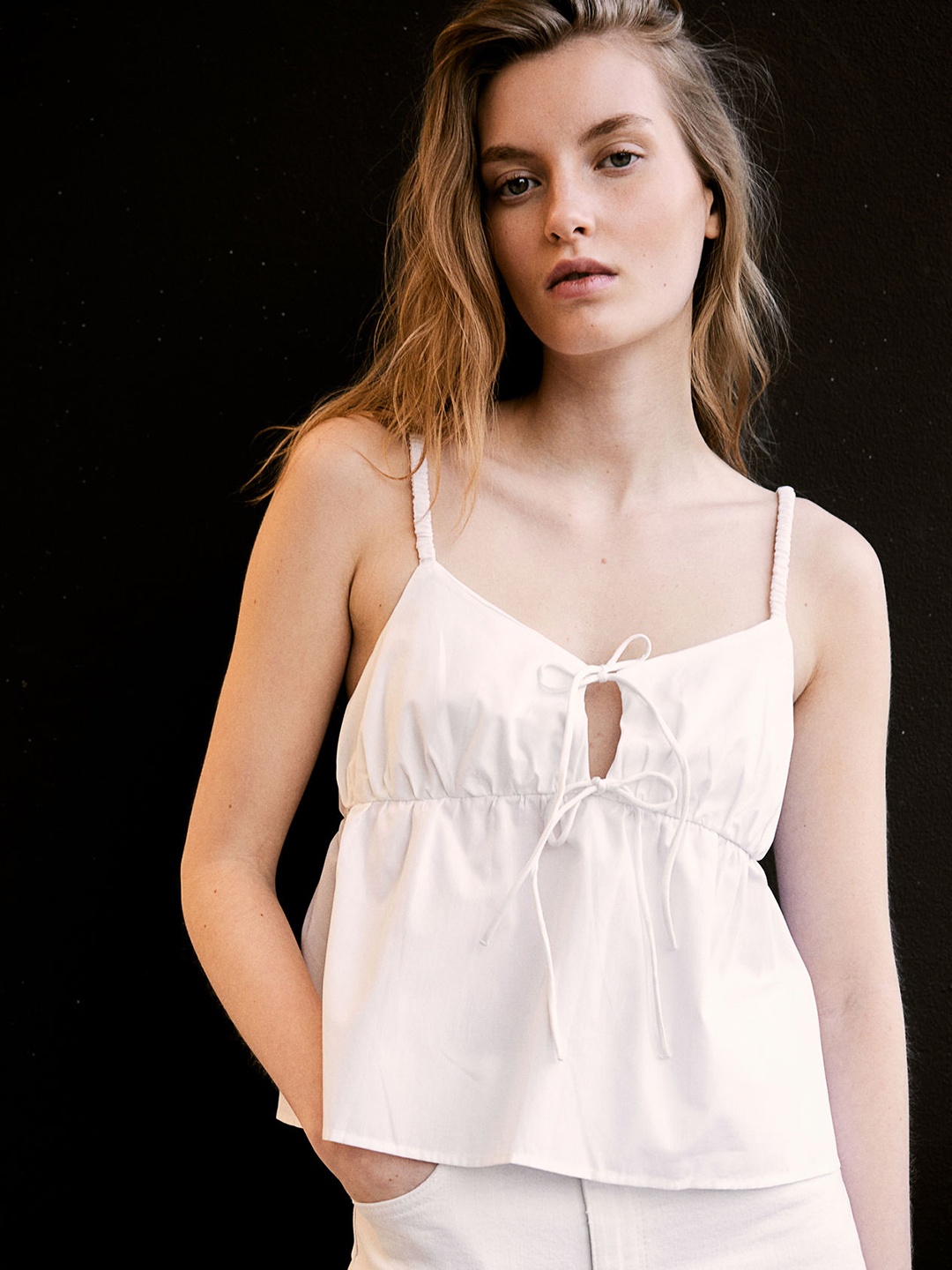

H&M Pure Cotton Tie-Detail Strappy Top, White