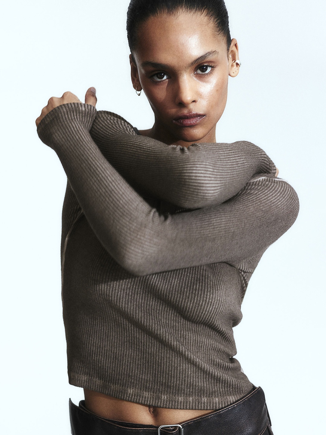 

H&M Washed-Look Ribbed Top, Grey