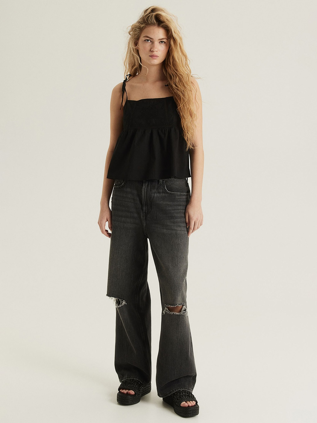 

H&M Cotton Embroidered Tie-Strap Top, Black