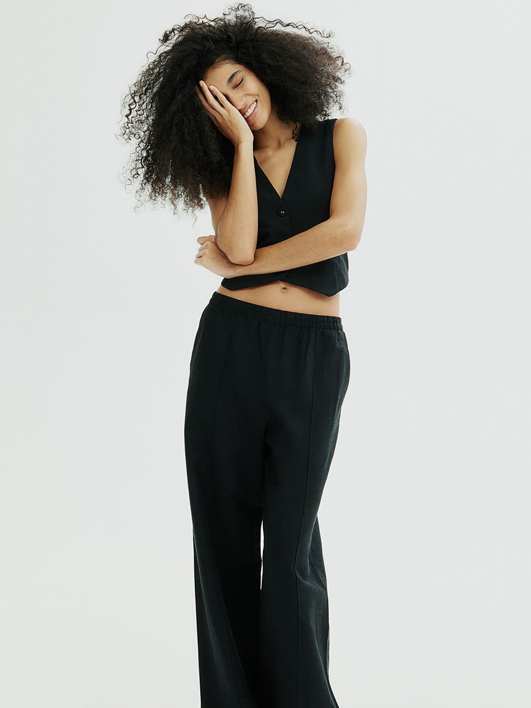 

H&M Women Linen-Blend Trousers, Black