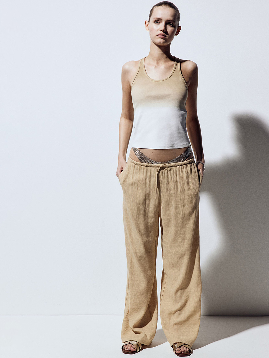 

H&M Women Crepe Pull-On Trousers, Beige
