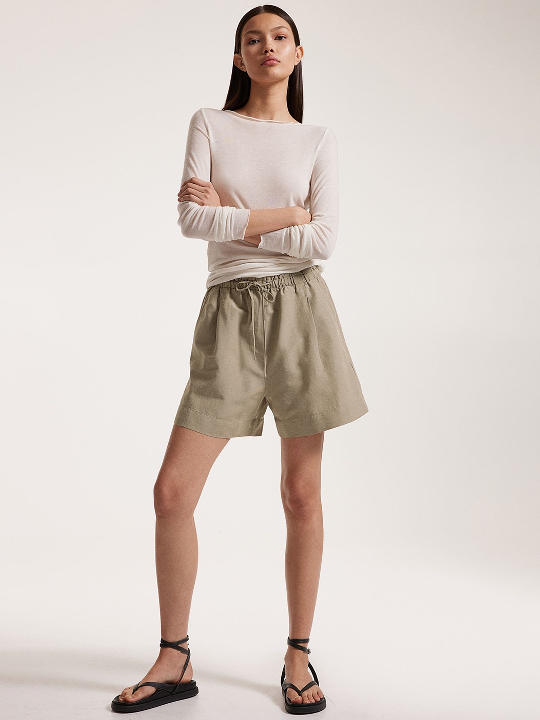 

H&M Women Linen-Blend Pull-On Shorts, Beige