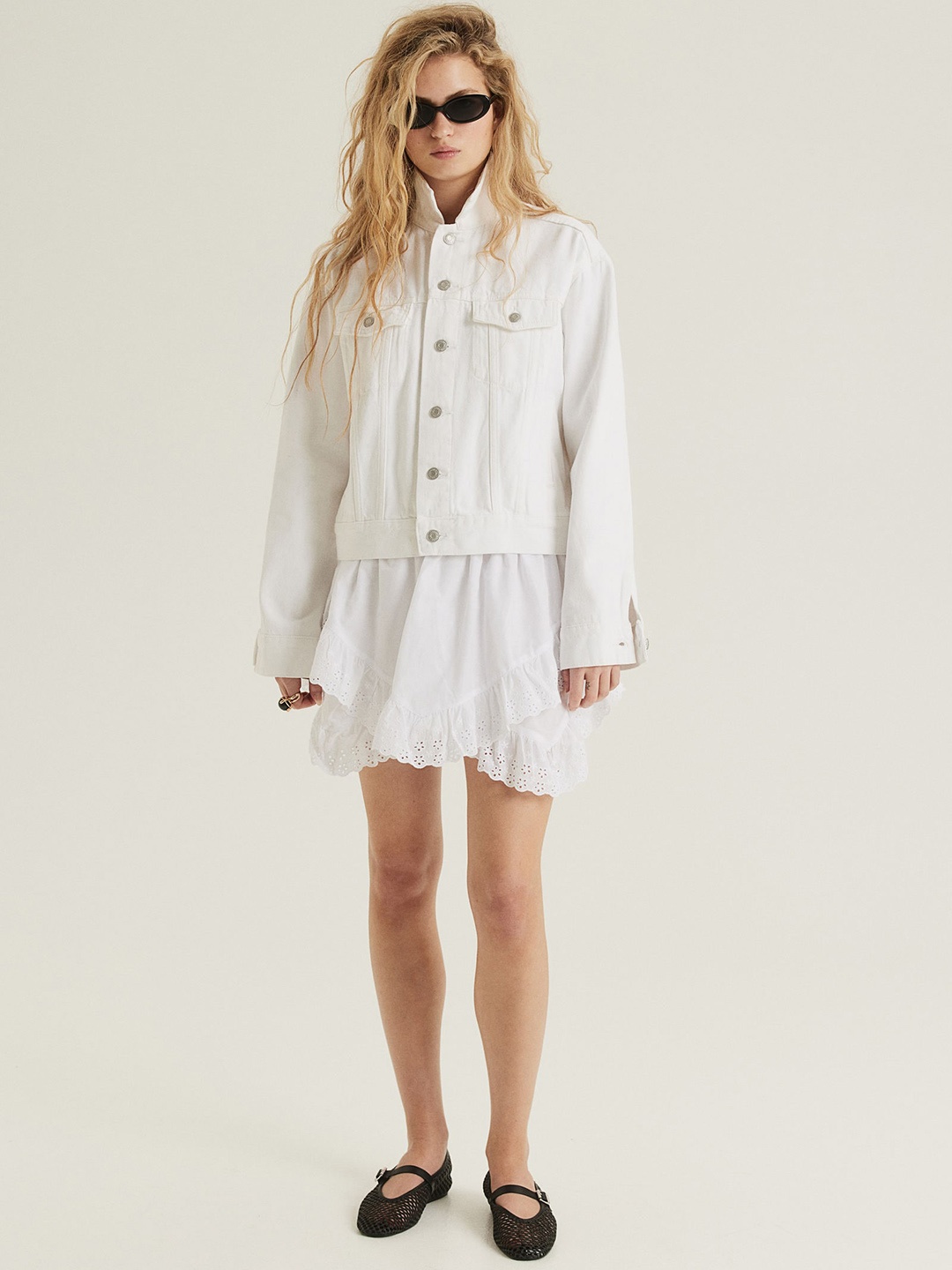 

H&M Pure Cotton Broderie Anglaise-Detail Tiered Skirt, White