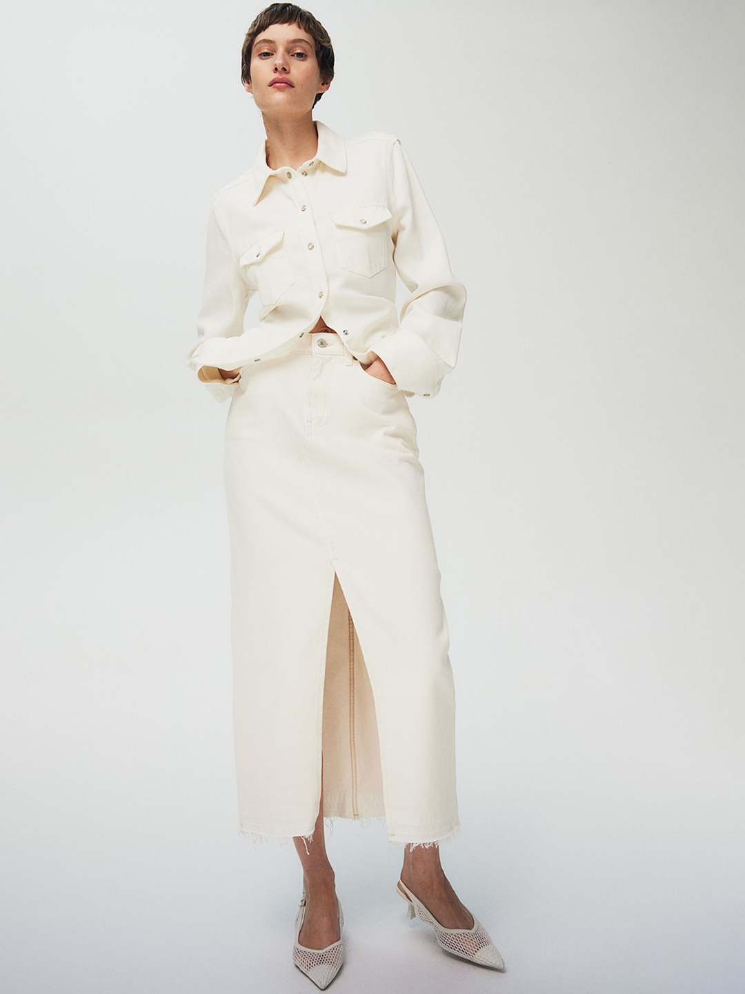 

H&M Pure Cotton Denim Skirt, White