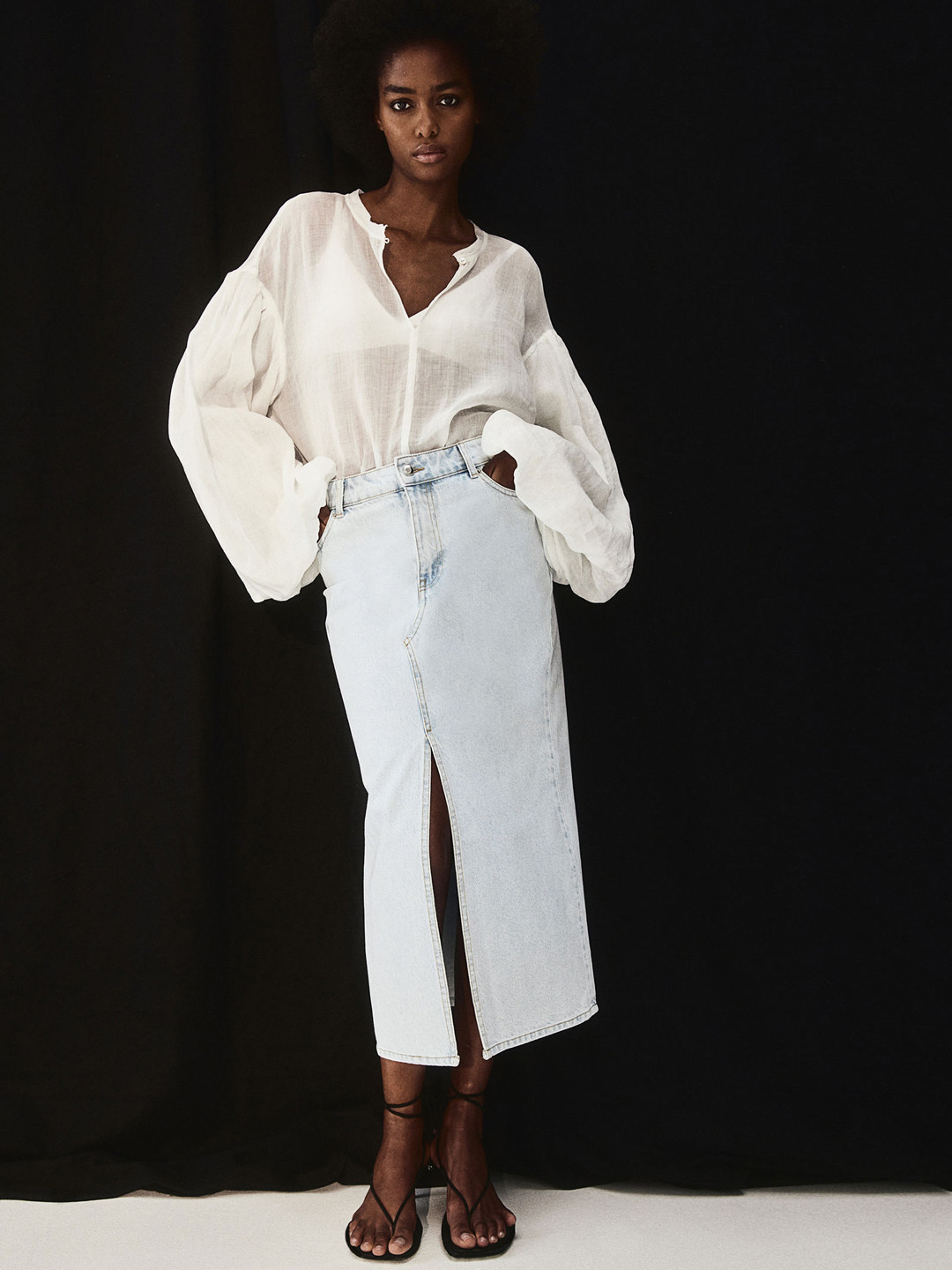 

H&M Pure Cotton Midi Denim Skirt, Blue