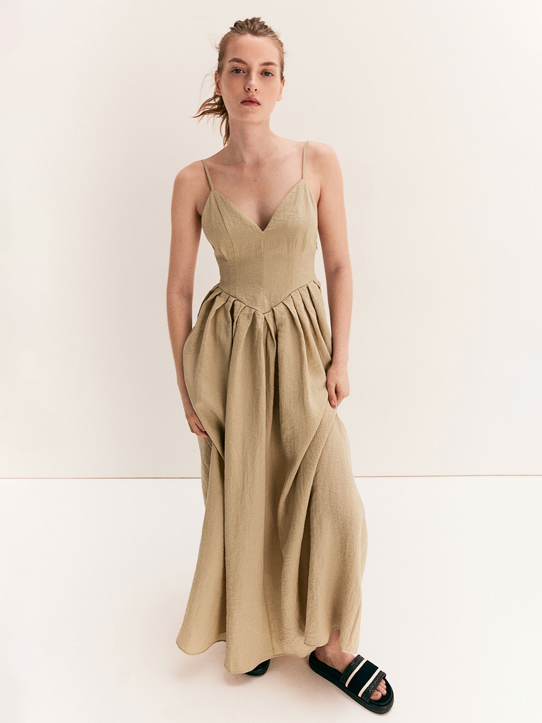 

H&M Crinkled Pleated-Skirt Dress, Beige