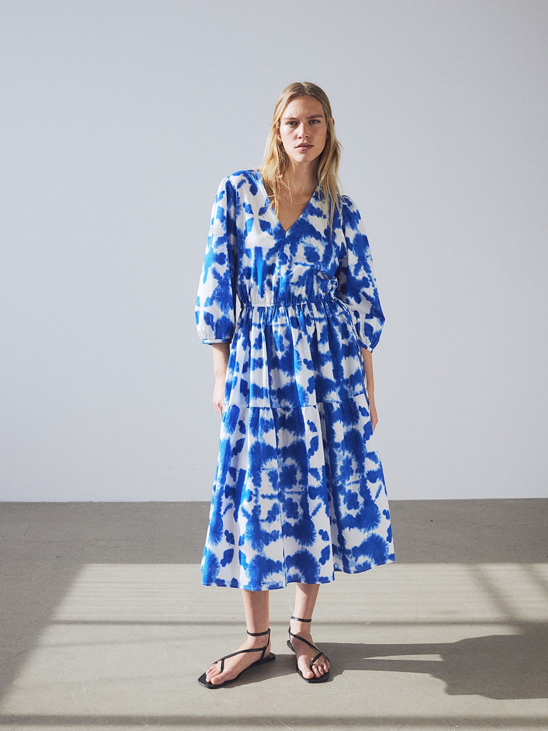 

H&M Pure Cotton Drawstring-Waist Dress, Blue