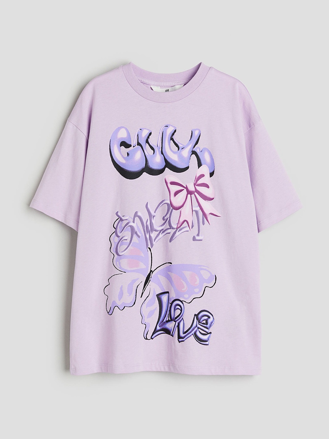 H&M Girls Pure Cotton Oversized Printed T-shirt, Purple
