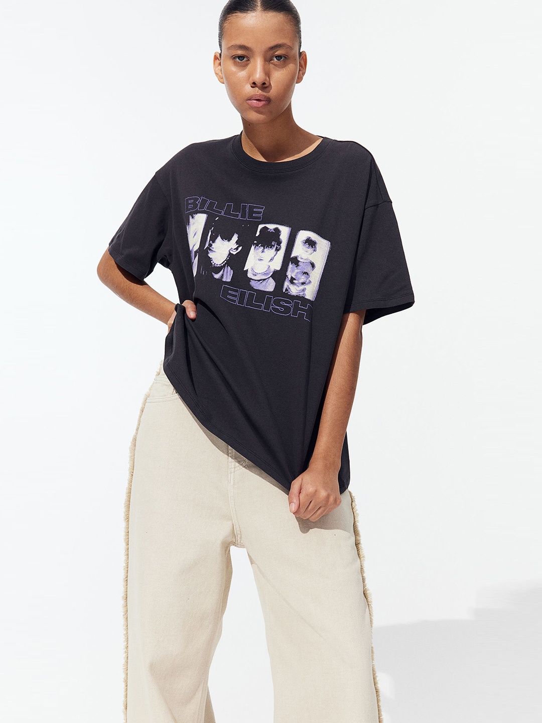 

H&M Pure Cotton Oversized Printed T-shirt, Black