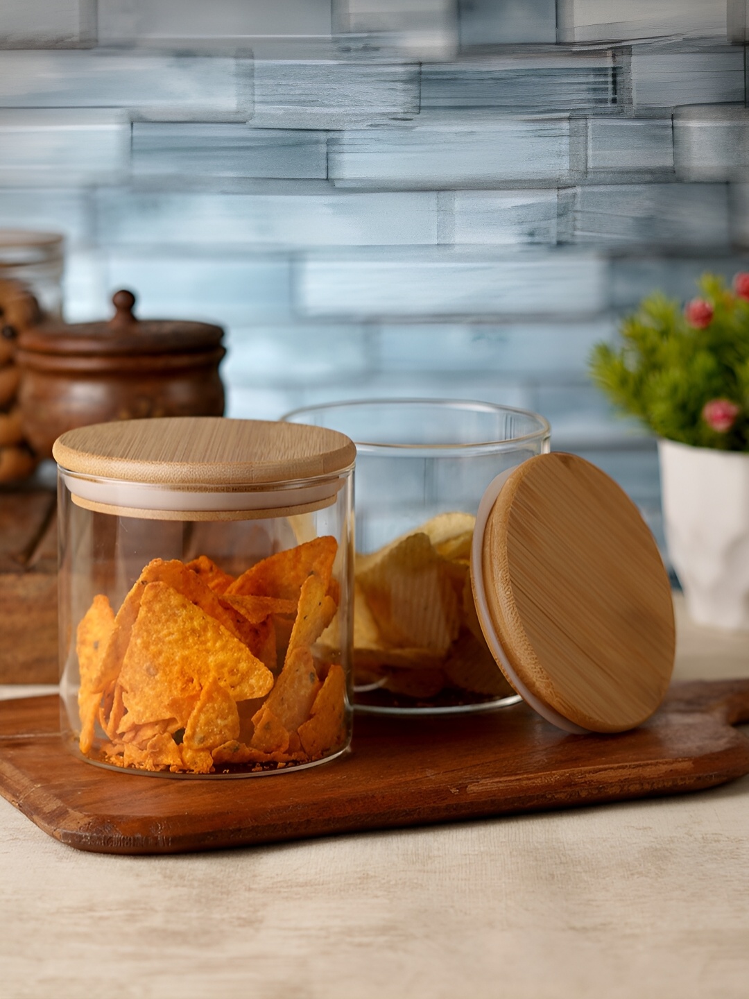 

ceradeco Transparent & Brown 2 Pieces Glass Storage Jars With Wooden Lid 685 ml Each