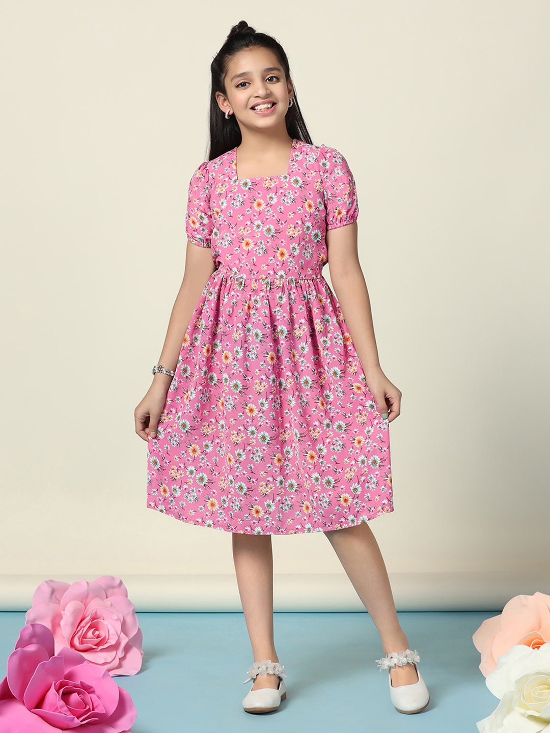 

FASHION DREAM Girls Floral Print Fit & Flare Dress, Pink