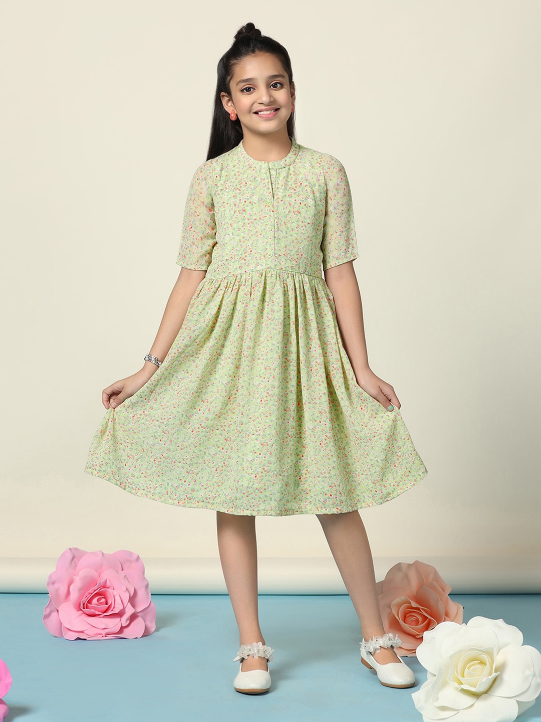 

FASHION DREAM Girls Floral Print Georgette A-Line Dress, Green