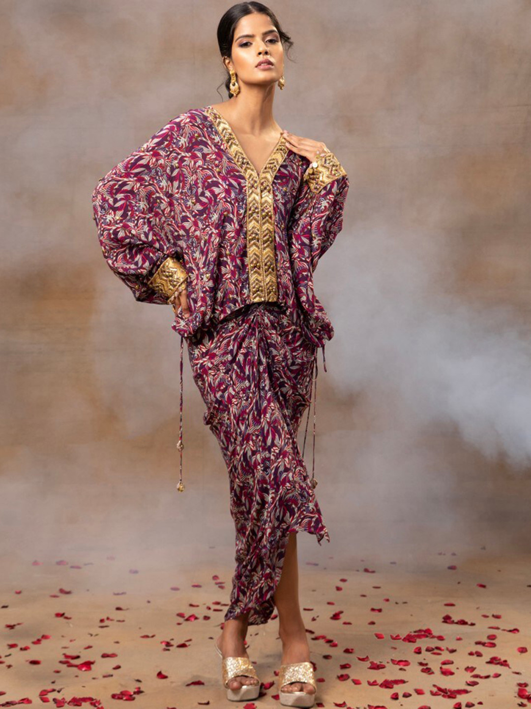 

Mehak Murpana Printed Embroidered Batwing Top With Draped Skirt Co-Ords, Purple