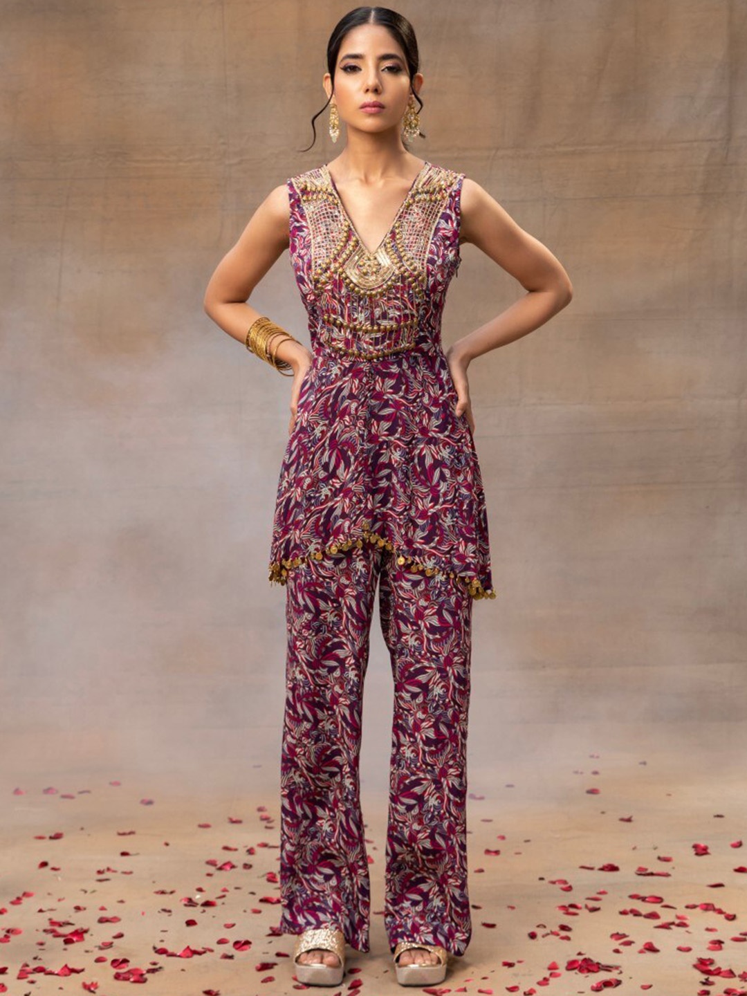 

Mehak Murpana Embroidered V-Neck Top With Trousers, Purple