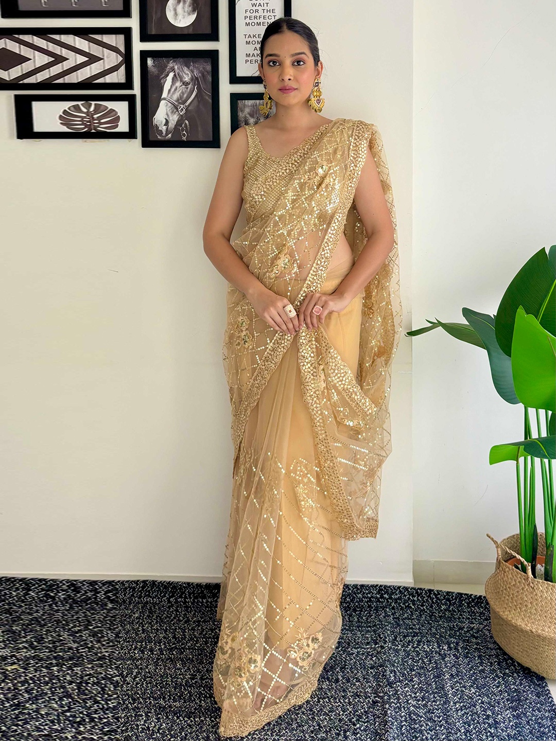 

Mitera Embellished Sequinned Net Saree, Beige