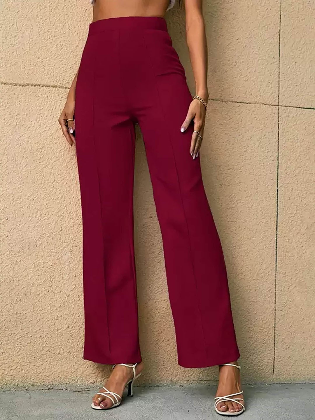 

Dream Beauty Fashion Women Easy Wash Mid-Rise Pleated Parallel Trousers, Maroon