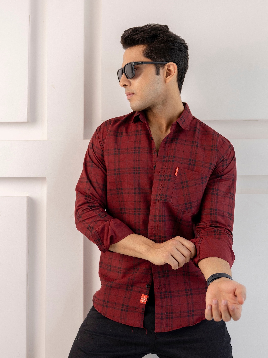

SURHI Relaxed Tartan Checked Spread Collar Cotton Casual Shirt, Maroon