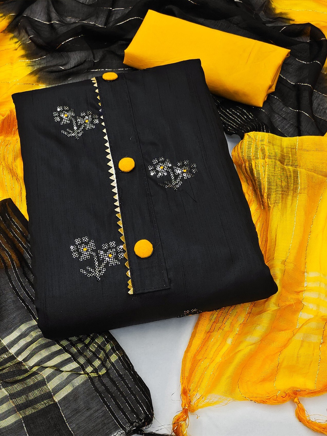 

LeeliPeeri Designer Ethnic Motifs Embellished Unstitched Dress Material, Black