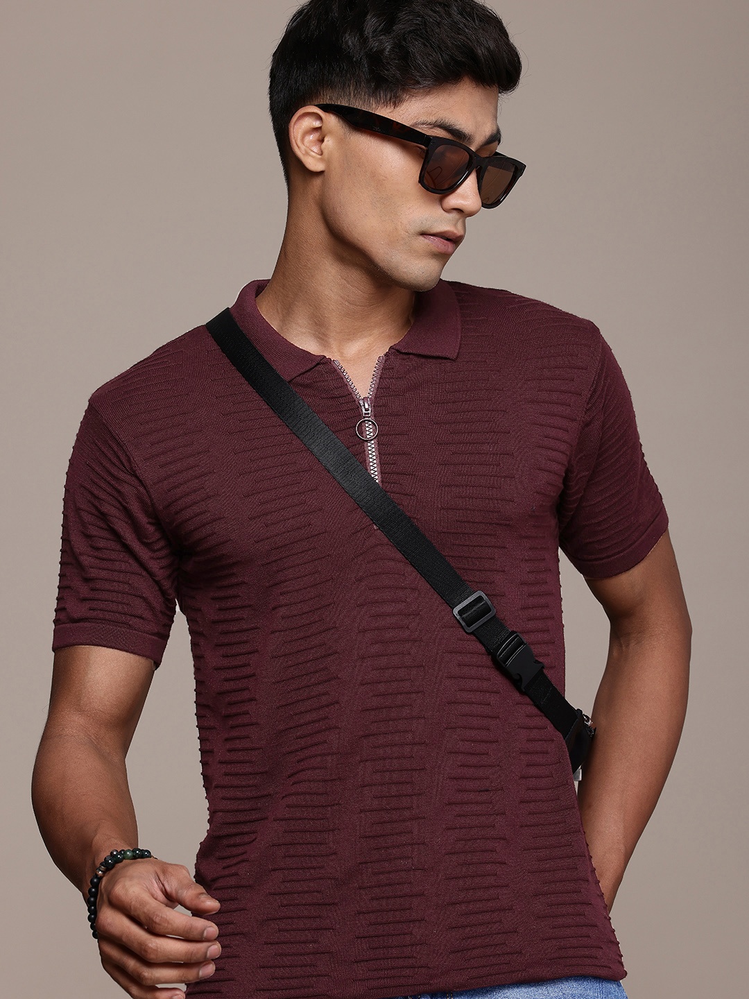

Roadster Men Self Design Polo Collar T-shirt, Brown