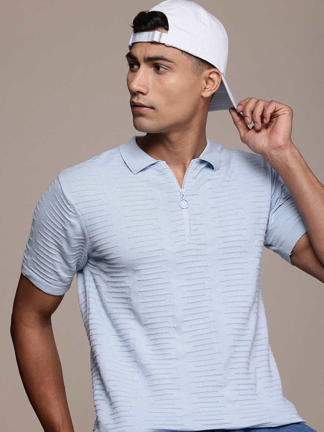 

Roadster Men Self Design Polo Collar T-shirt, Blue