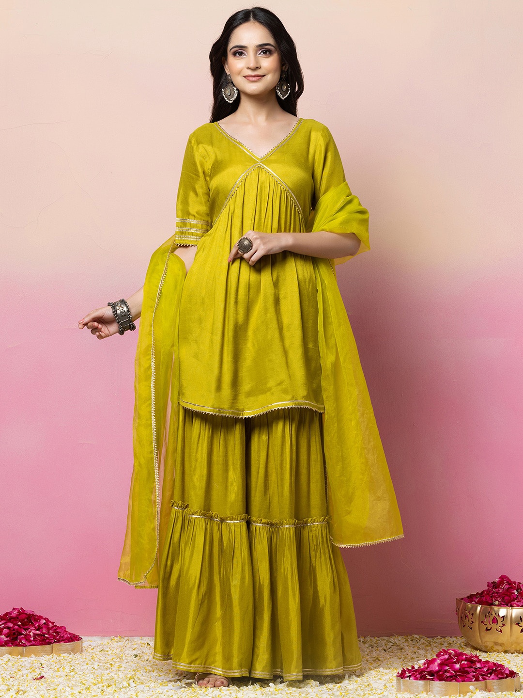 

INDYA Embroidered V-Neck Angrakha Anarkali Kurti With Sharara & Dupatta, Green