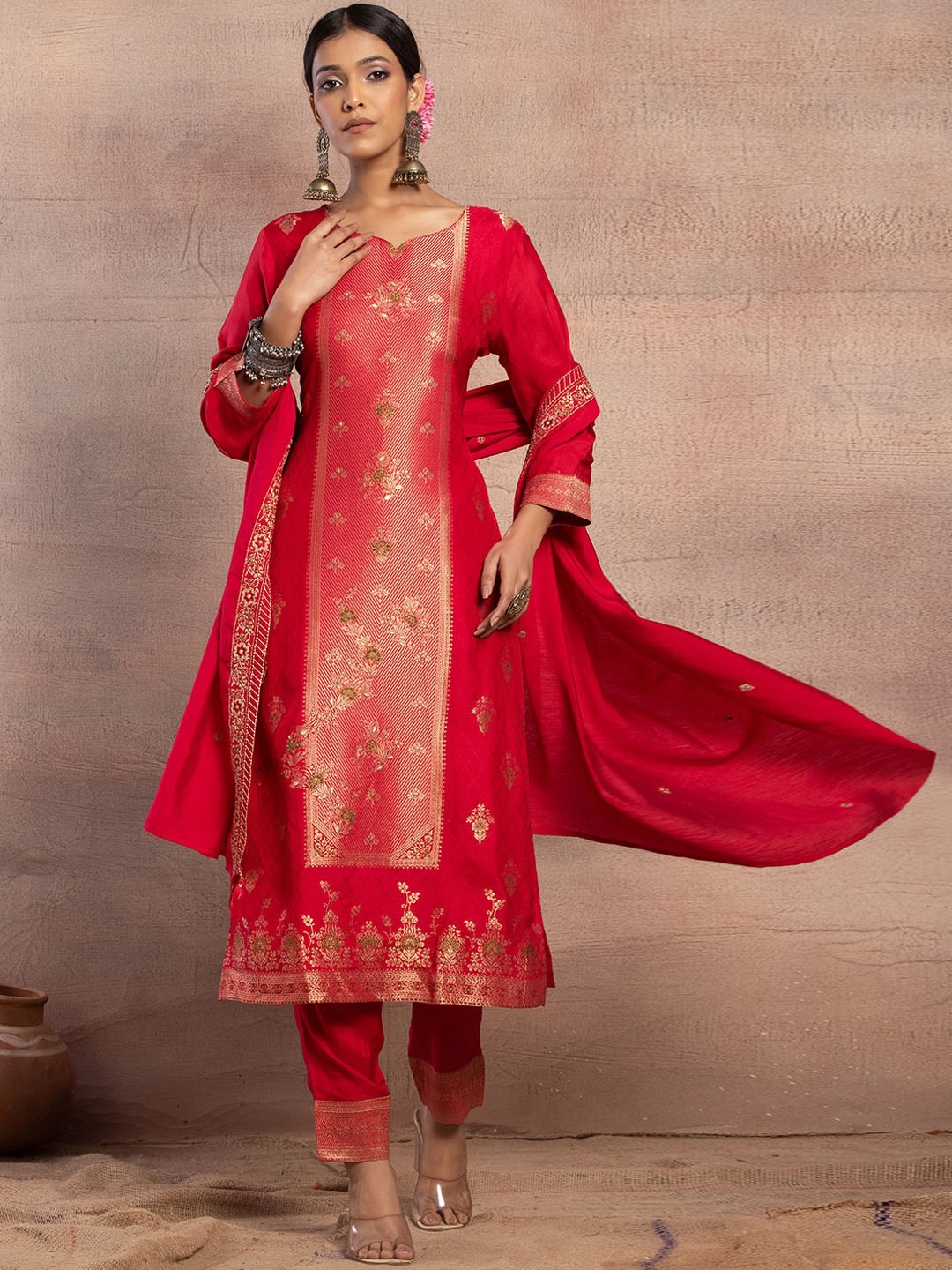

INDYA Embroidered Straight Kurta With Trousers & Dupatta Set, Pink
