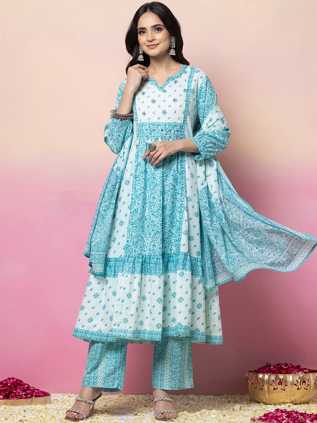 

INDYA Printed Round Neck Three-Quarter Sleeves Pure Cotton Kurta & Trousers With Dupatta, Blue