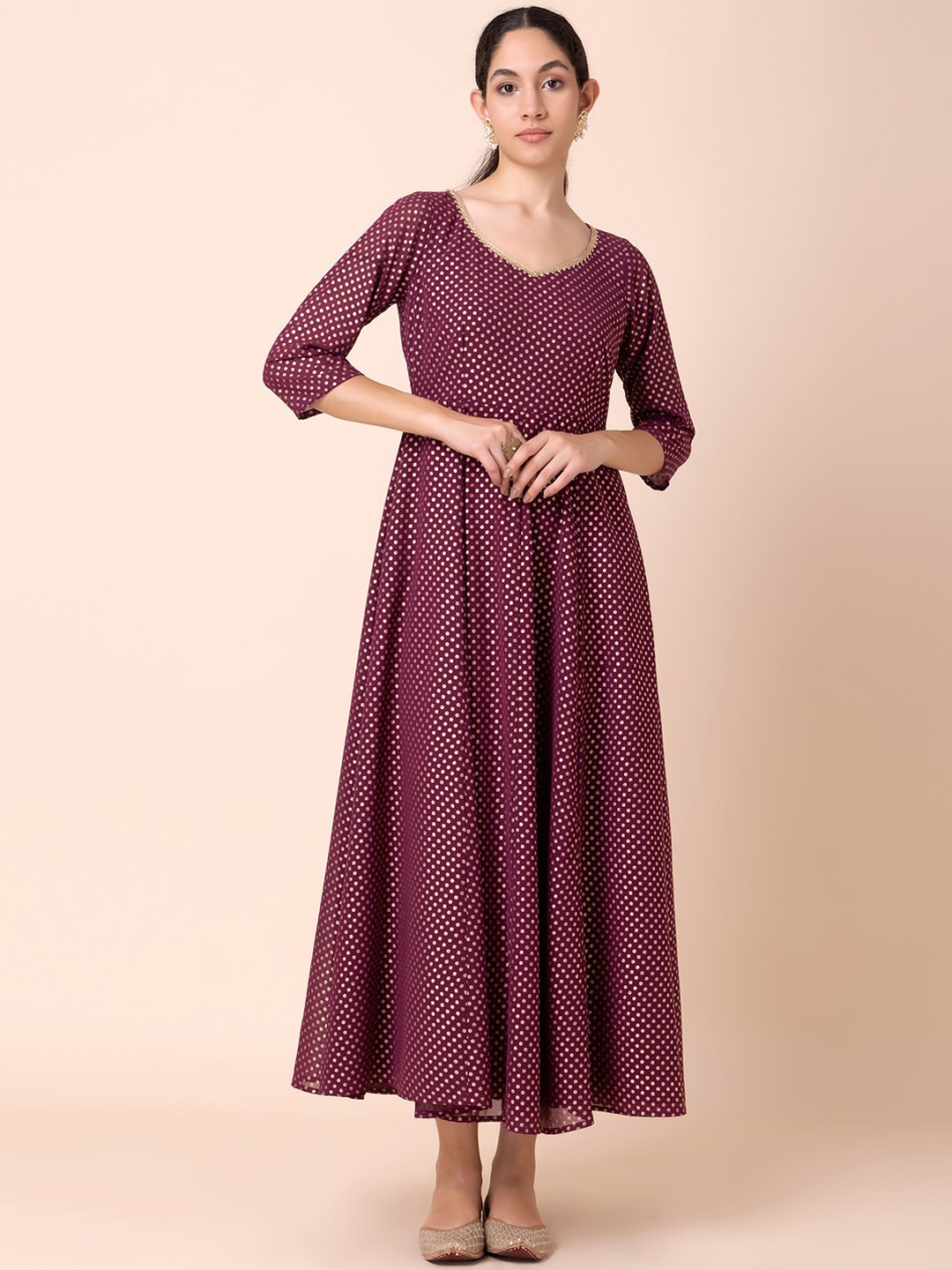 

INDYA Polka Dots Printed V-Neck Maxi Ethnic Dress, Purple