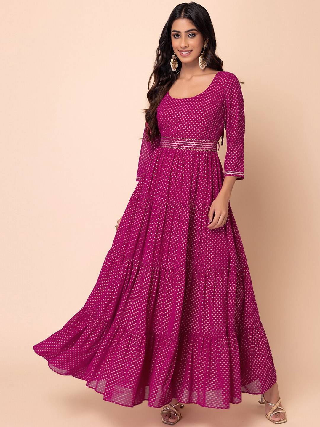 

INDYA Polka Dot Foil Printed Tiered Anarkali Kurta With Belt, Pink