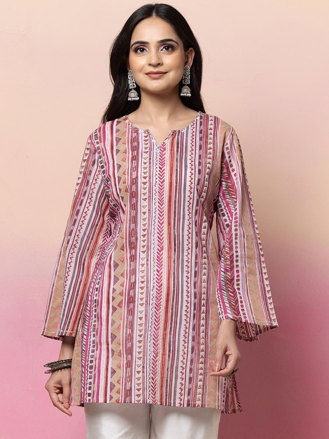 

INDYA Striped Printed Notched Neck Long Sleeves Pure Cotton Short Kurta, Pink