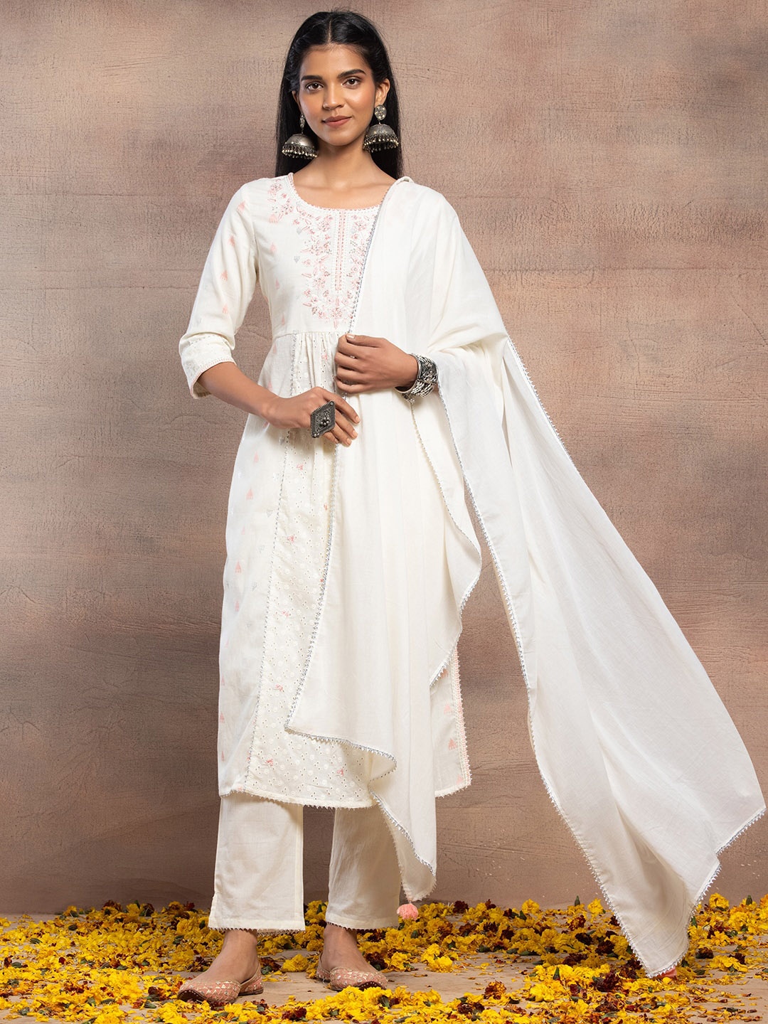 

INDYA Embroidered Round Neck Pure Cotton A-Line Kurta With Trouser & Dupatta, White