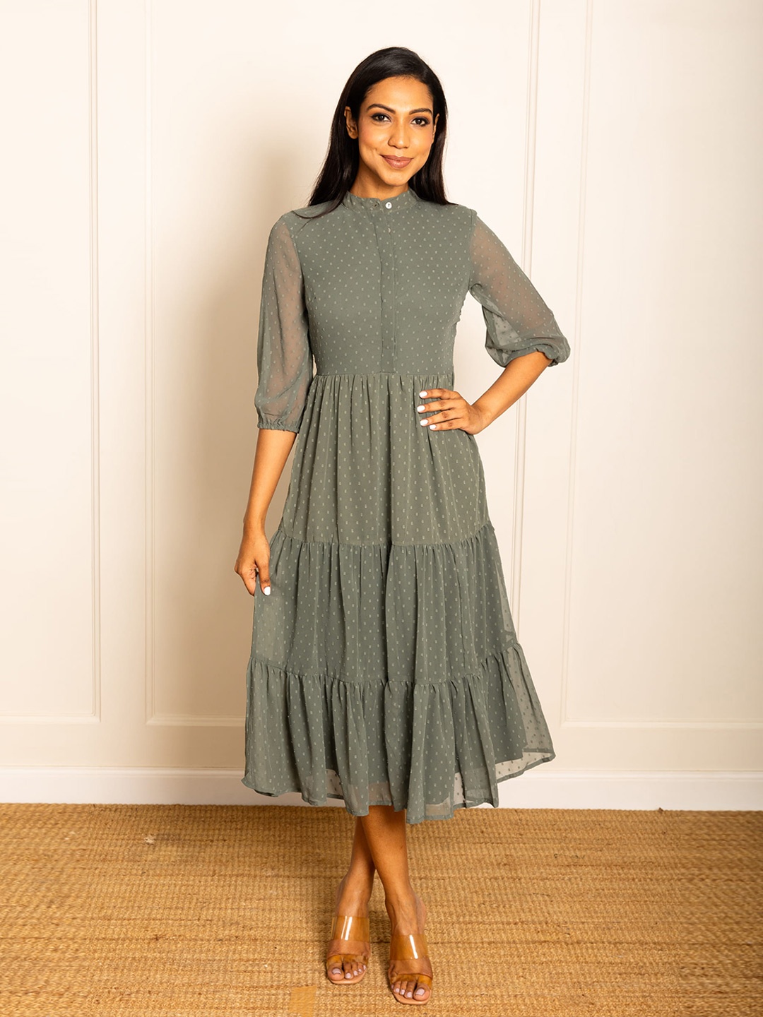 

ELEVEN.O.ONE Self Design Tiered Georgette Fit & Flare Midi Dress, Grey