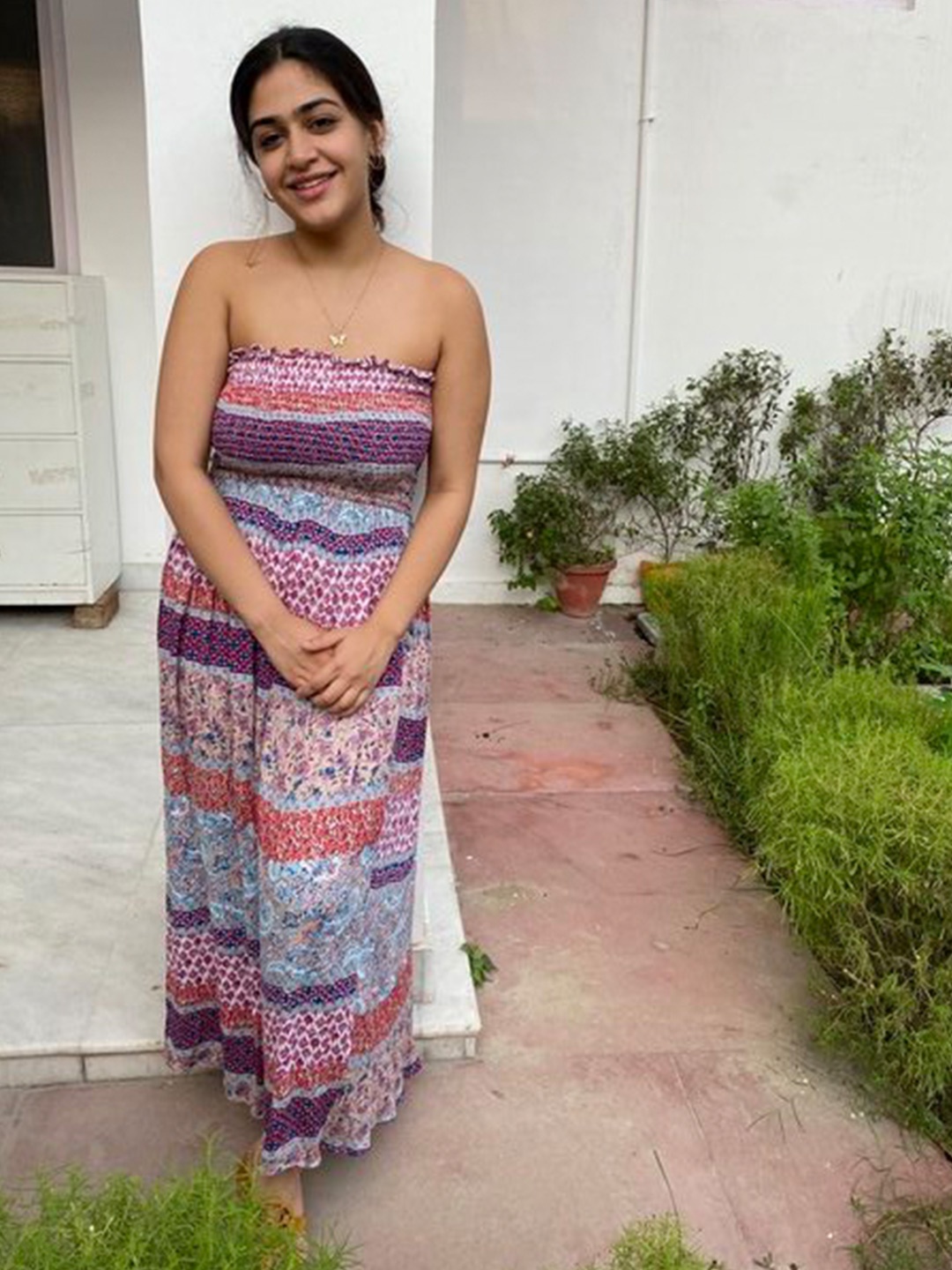 

ELEVEN.O.ONE Floral Printed Strapless Smocked Scuba Fit & Flare Dress, Purple