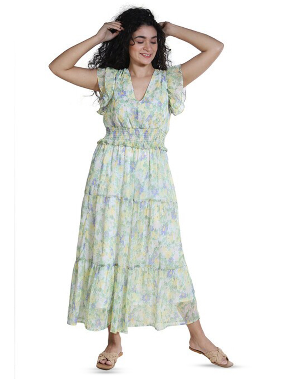 

ELEVEN.O.ONE Floral Print Flutter Sleeves Georgette Fit & Flare Midi Dress, Yellow