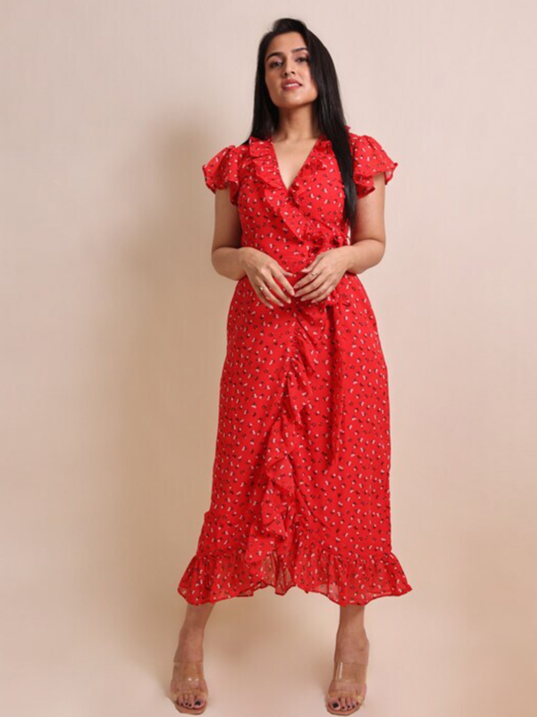 

ELEVEN.O.ONE Floral Print Flutter Sleeve Georgette Wrap Midi Dress, Red