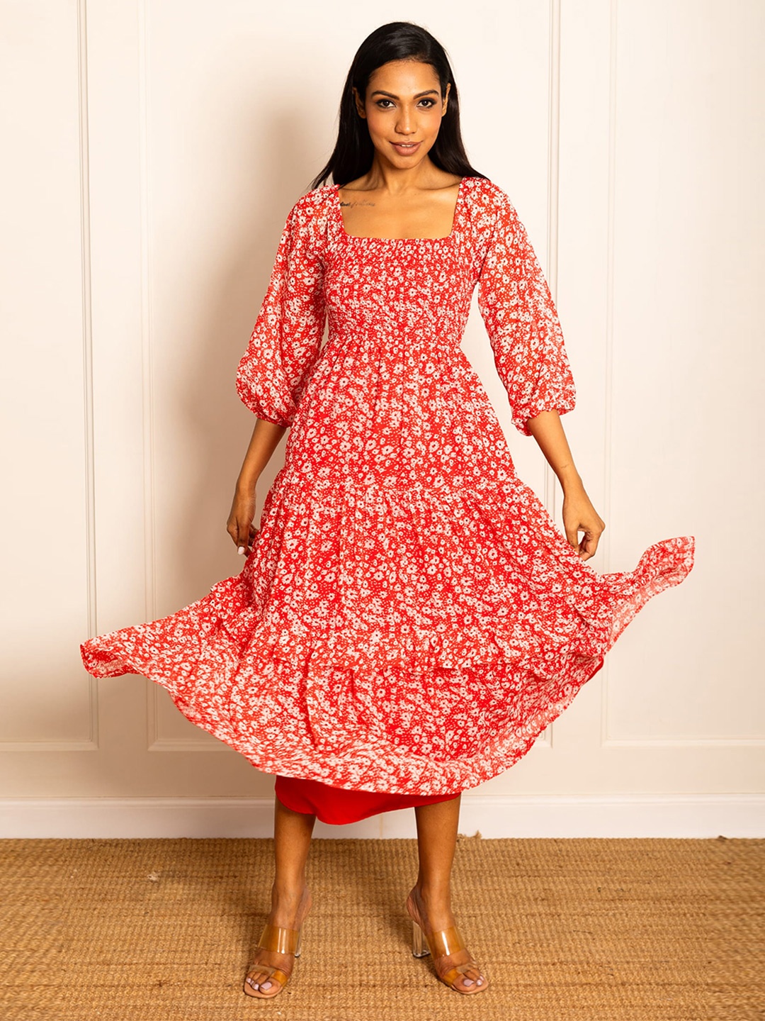

ELEVEN.O.ONE Floral Print Puff Sleeve Georgette A-Line Midi Dress, Red