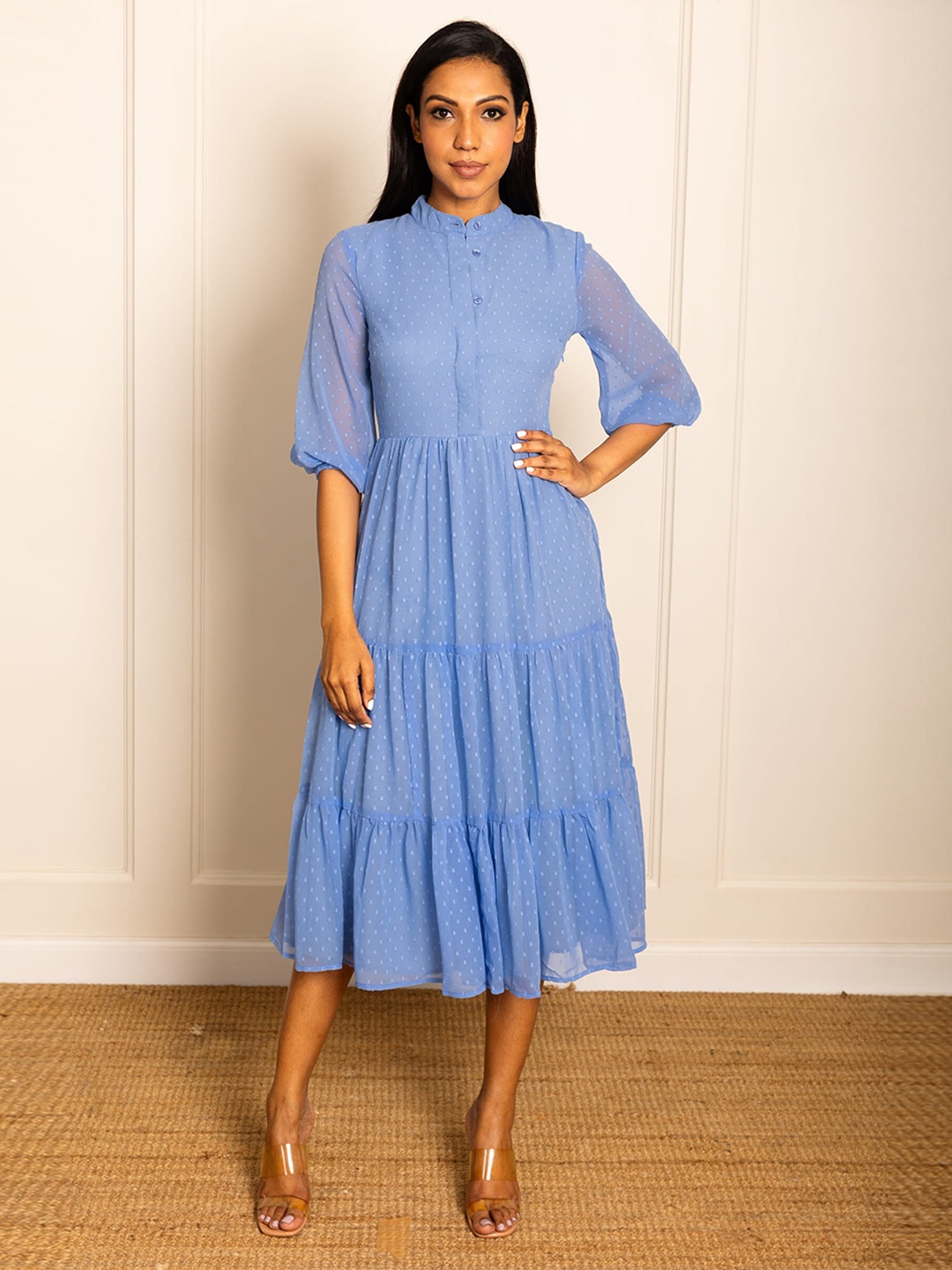 

ELEVEN.O.ONE Self Design Tiered Georgette Fit & Flare Midi Dress, Blue